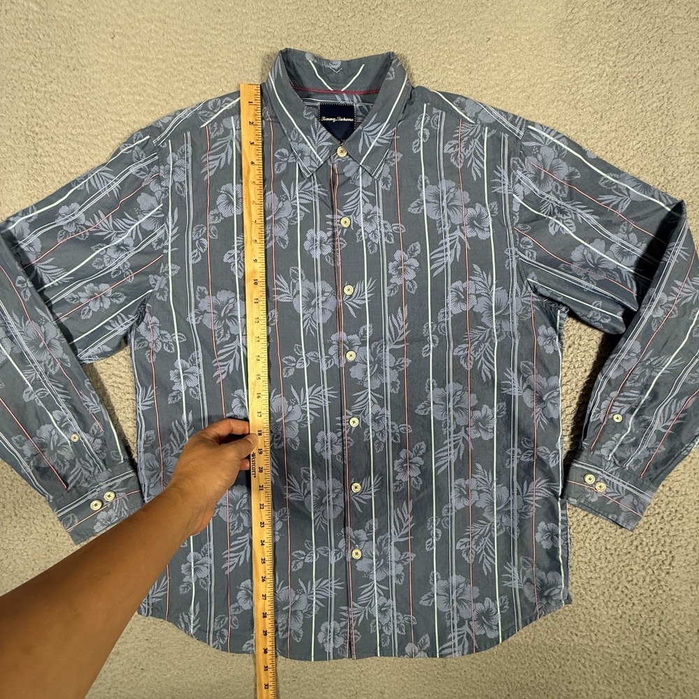 Tommy Bahama Shirt Mens Large Blue Floral‎ Striped Silk Blend Hawaiian Preppy - Picture 6 of 12